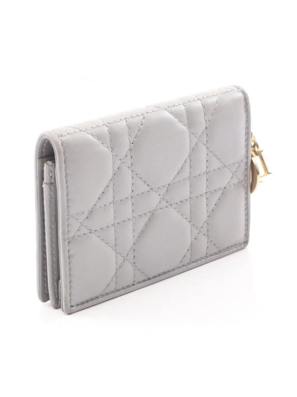 Dior Card Holder Lady Dior Cannage Pearl Gray Leather Bloom Wallet